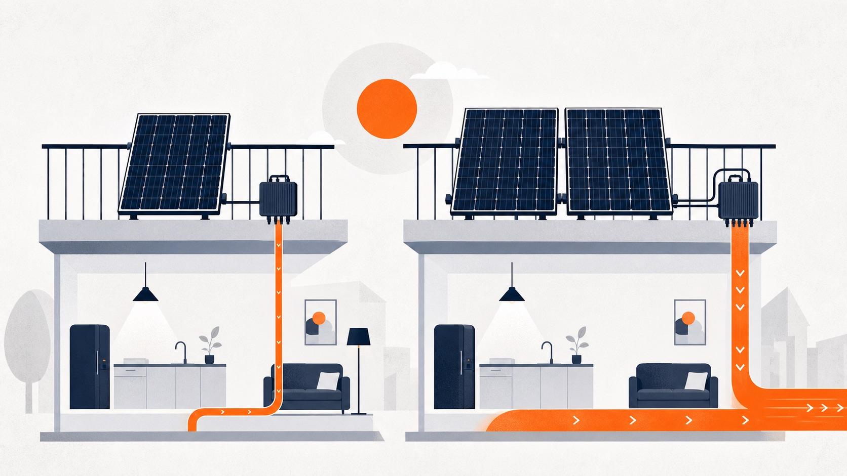 One-panel and two-panel balcony solar systems compared by the energy serving a home and continuing as surplus
