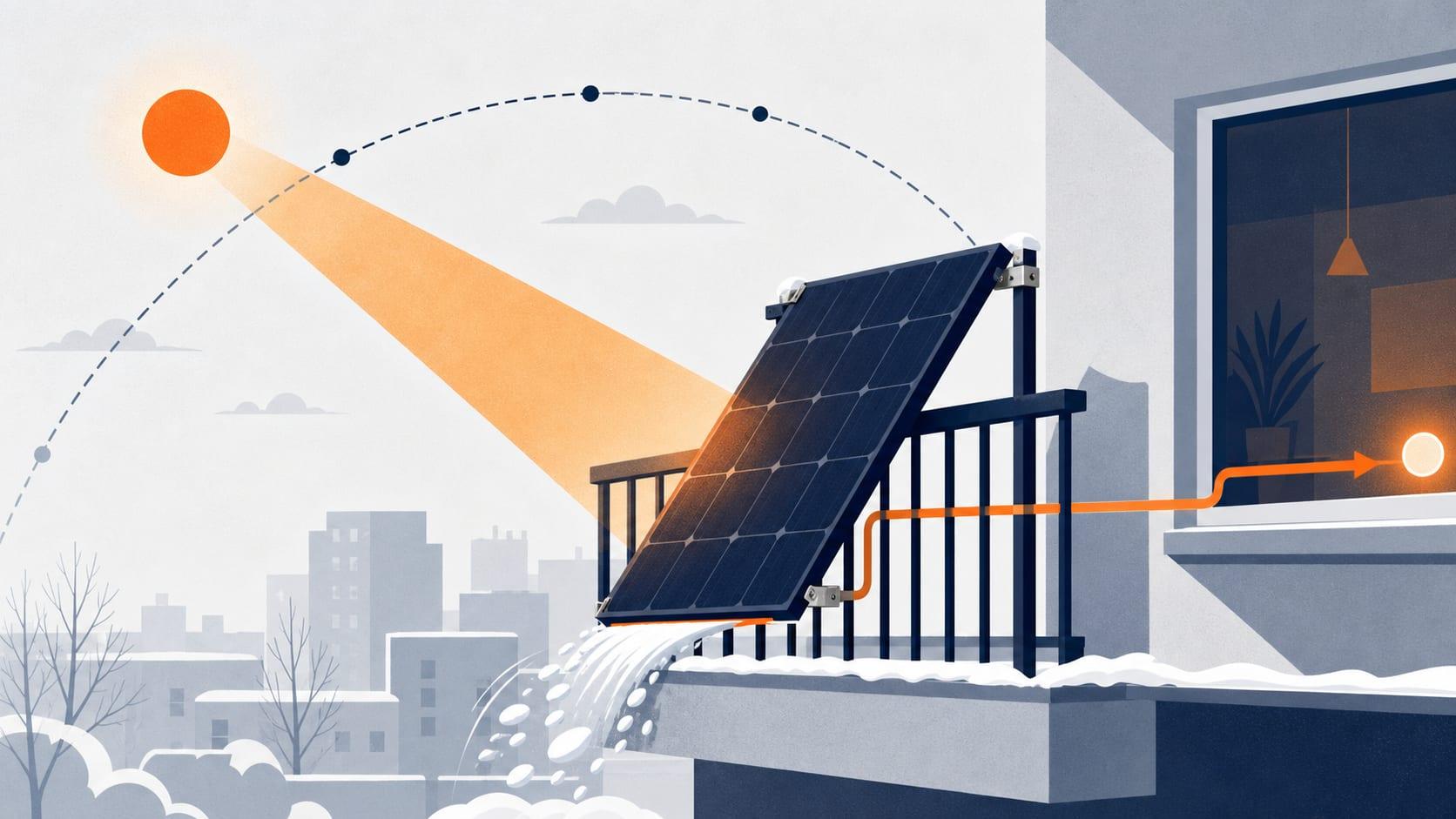 A secured balcony solar panel catches a low winter sunbeam while snow sheds and energy continues into an apartment