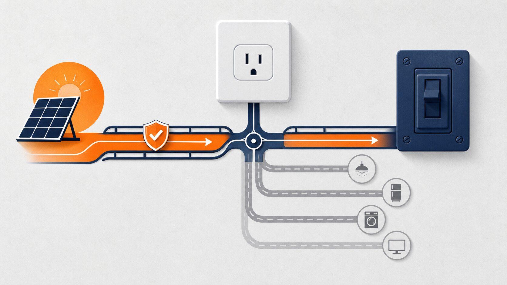 A protected orange solar-energy lane runs separately from gray household appliance branches between an outlet and circuit breaker