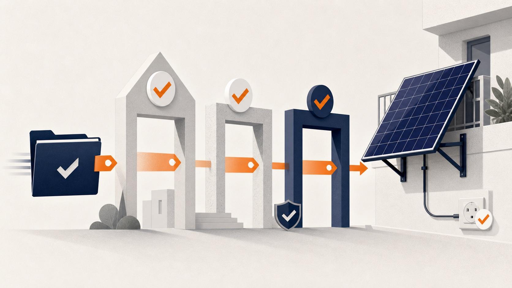 A renter's solar panel proposal passing through property, mounting and electrical approval gates