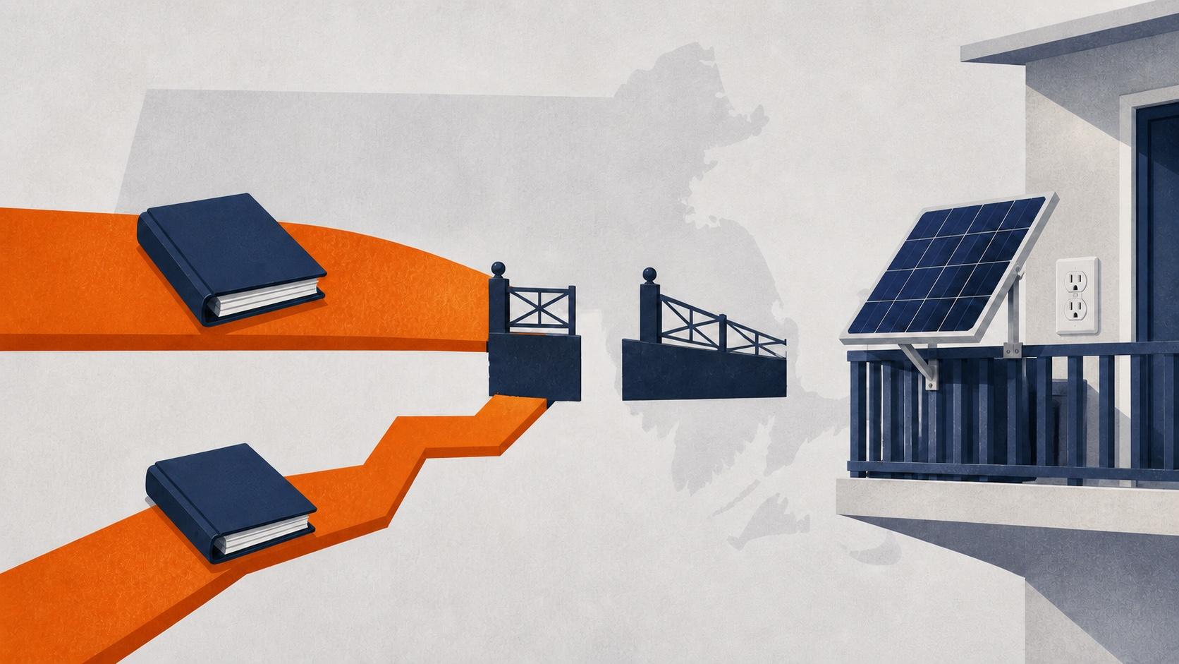 Two Massachusetts plug-in solar bills stopping at an unfinished conference bridge