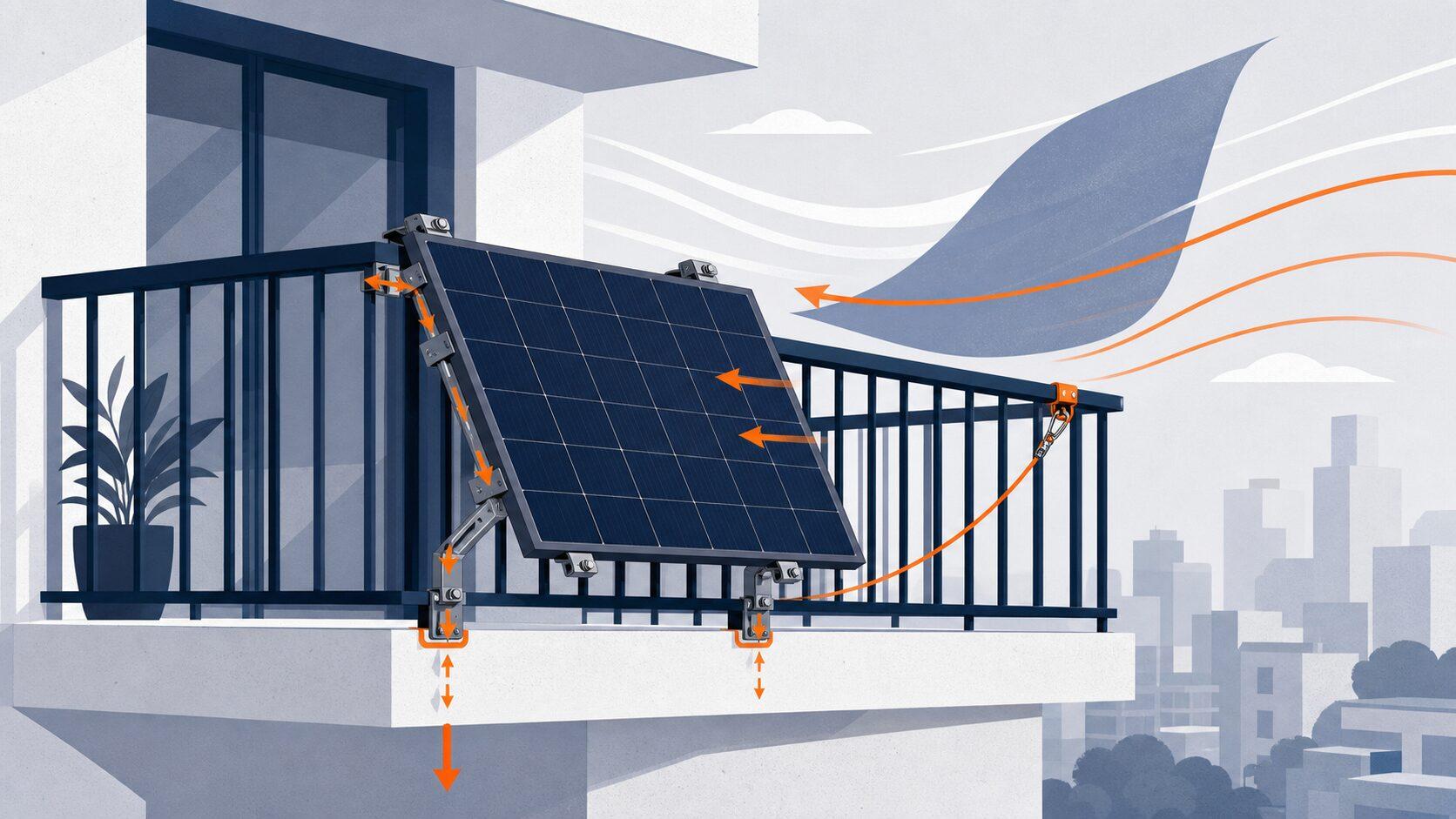 Balcony solar panel secured to a railing through a visible mount and independent orange safety tether as wind flows past