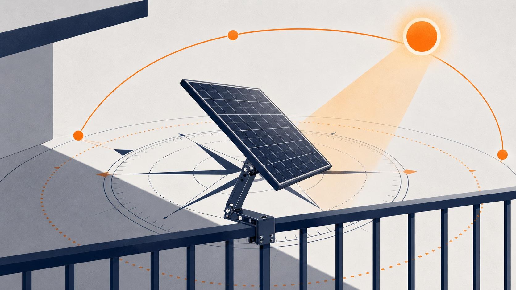 Balcony solar panel on an adjustable bracket aligned with a compass and sun path while an overhang casts shade