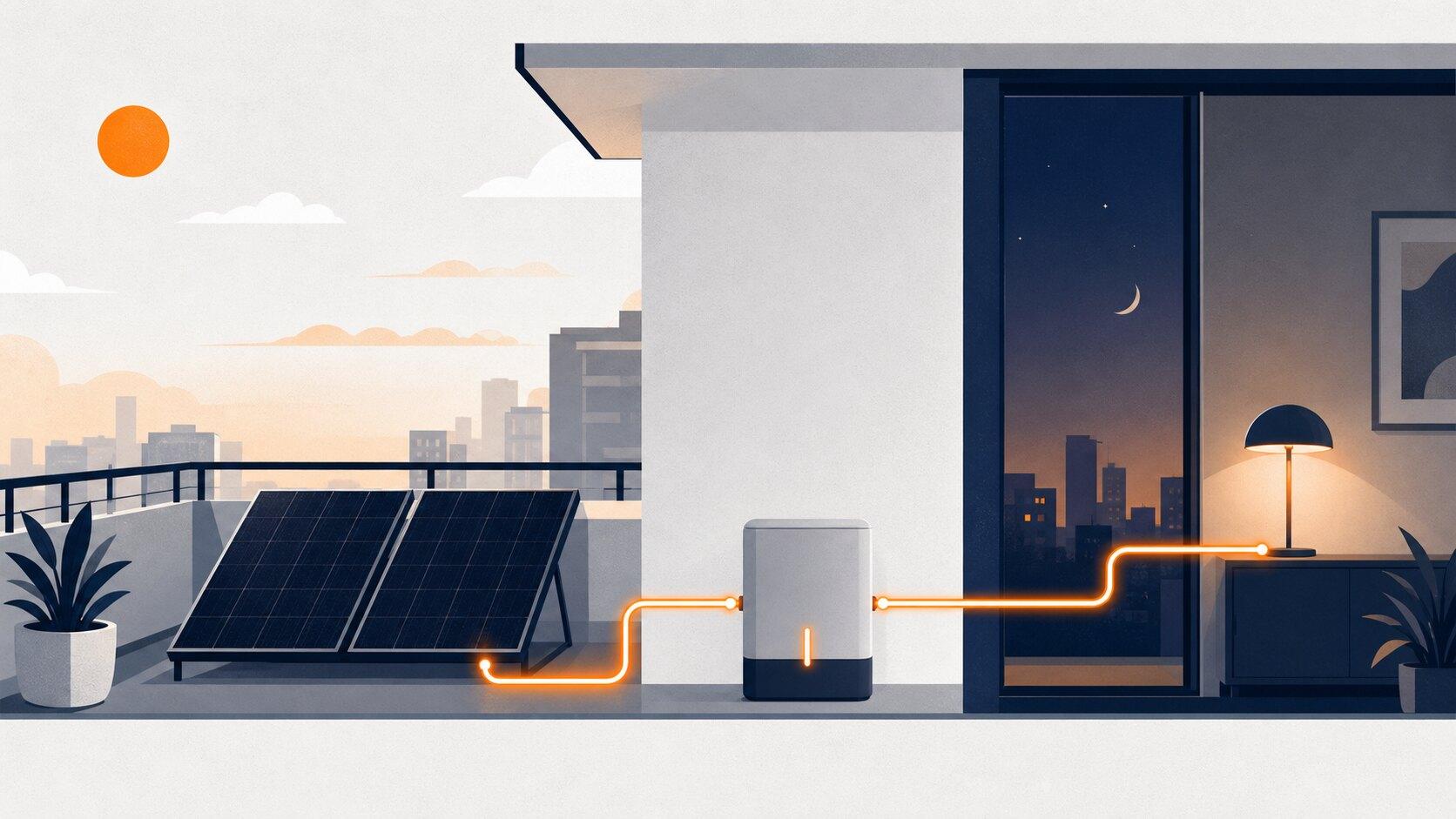 Balcony solar panels charging a compact battery in daylight, with stored energy powering a lamp after sunset