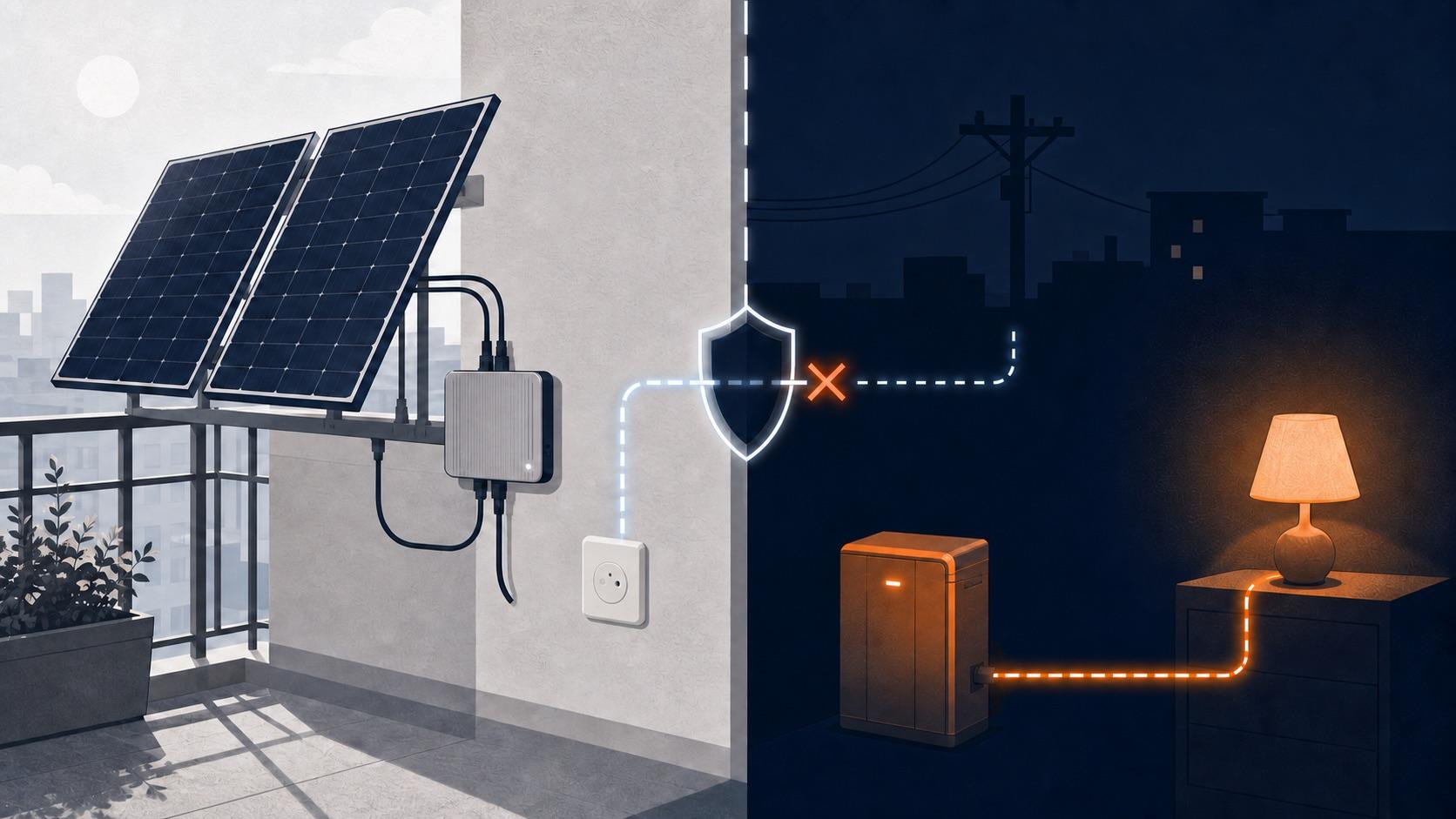 Plug-in balcony solar disconnecting from a dark utility grid while an isolated battery powers one lamp