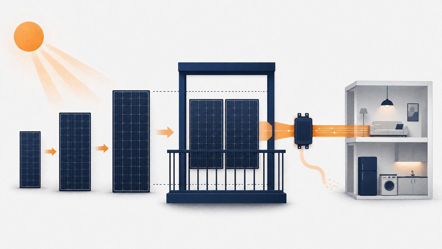 Different solar panel sizes pass through a balcony measuring frame before useful energy reaches an apartment
