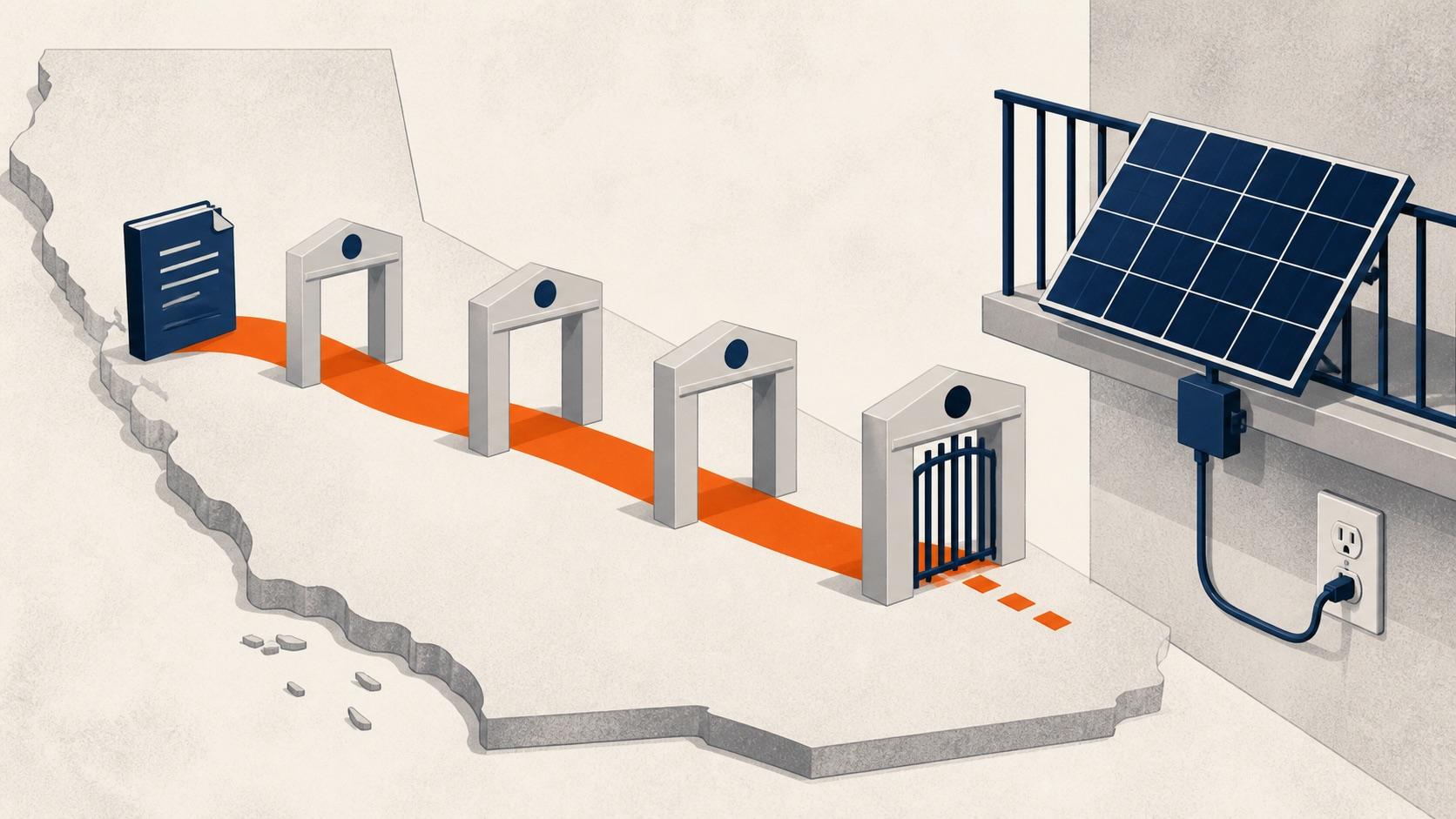 California legislative path stopping at a closed gate before a plug-in balcony solar system