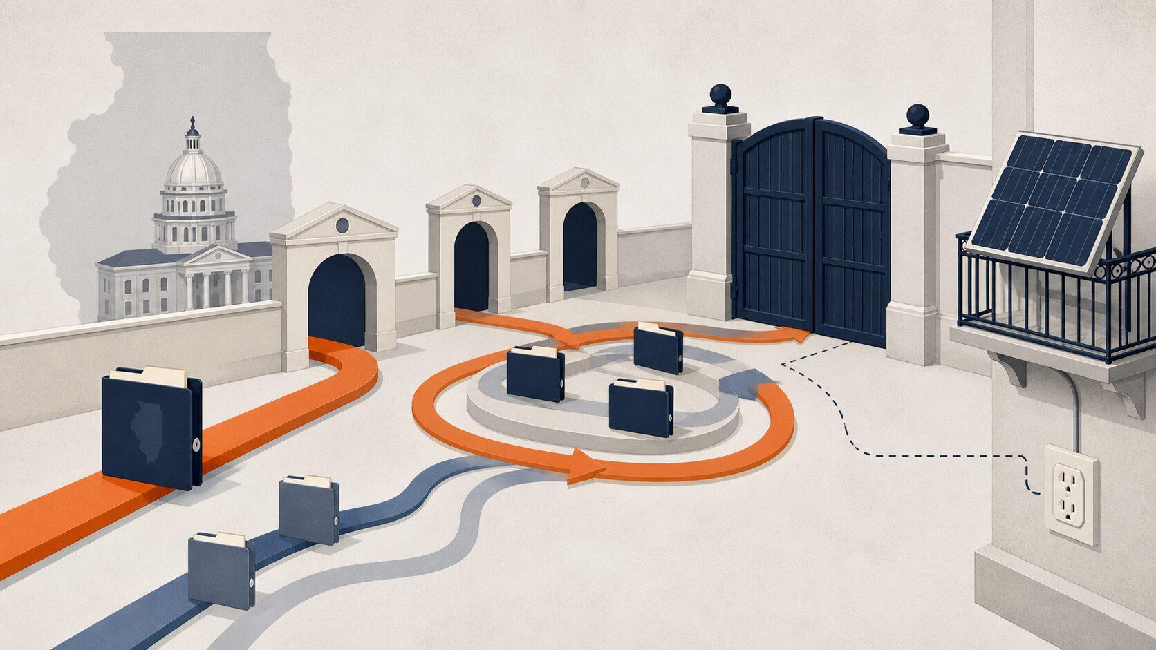 Illinois plug-in solar bills looping through a legislative holding area before a closed final gate