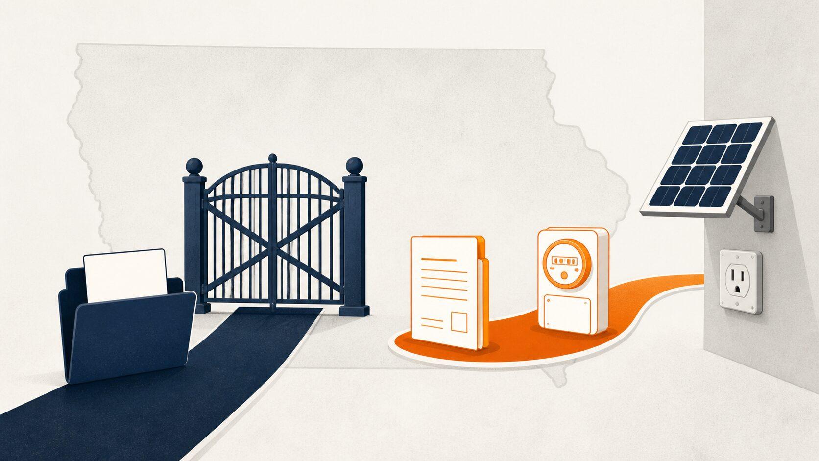Iowa plug-in solar bill stopped at a closed legislative gate beside the current utility approval route