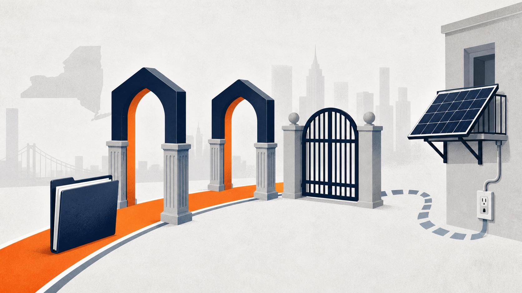 New York solar bill passing two chamber gates but stopping before a closed signature gate