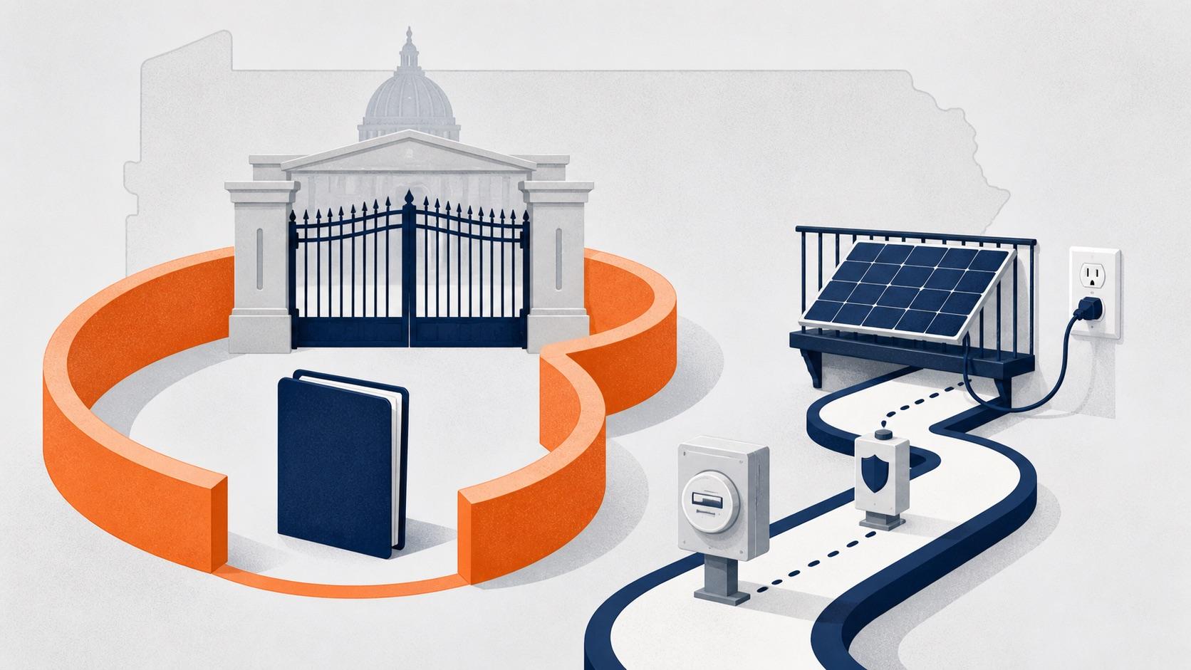 Pennsylvania plug-in solar bill waiting at a committee gate beside the current utility interconnection path