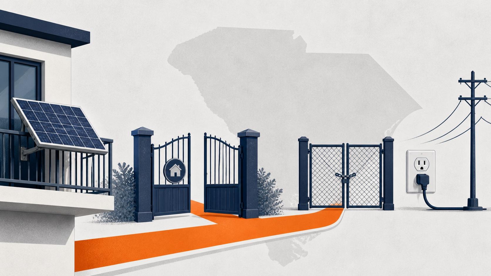 South Carolina balcony solar path passing a property gate but stopping at a separate utility interconnection gate