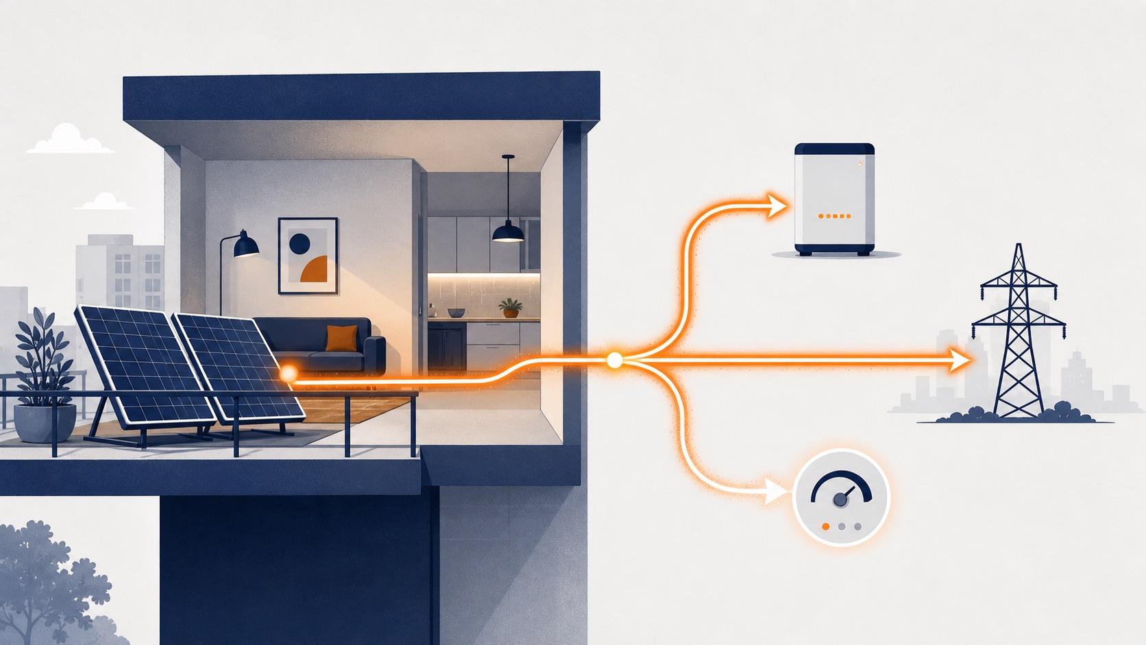 Balcony solar energy branching toward household loads, battery storage, the grid and inverter curtailment